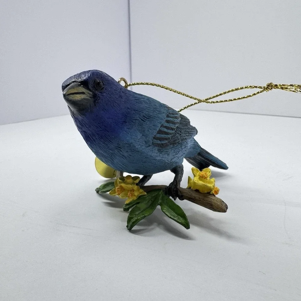Danbury Mint Indigo‎ Bunting Bird Ornament Blue Songbird Yellow Flowers Tag
